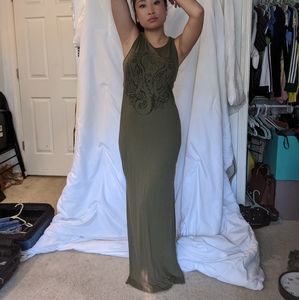 Tribal Elephant Print Olive Green Maxi Dress